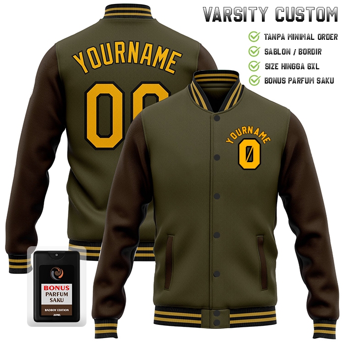 Jaket Varsity Pria Oversize M - 6XL Jaket Bomber Kombinasi Hijau Army Coklat Custom Bordir Satuan Sw