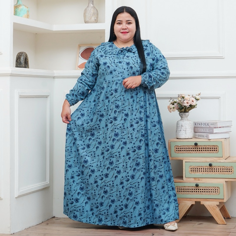 MIDI DRESS BUSUI FRIENDLY UKURAN JUMBO LD 140 MUAT BB 100 KG MOTIF BUNGA LENGAN PANJANG WUDHU FRINEL