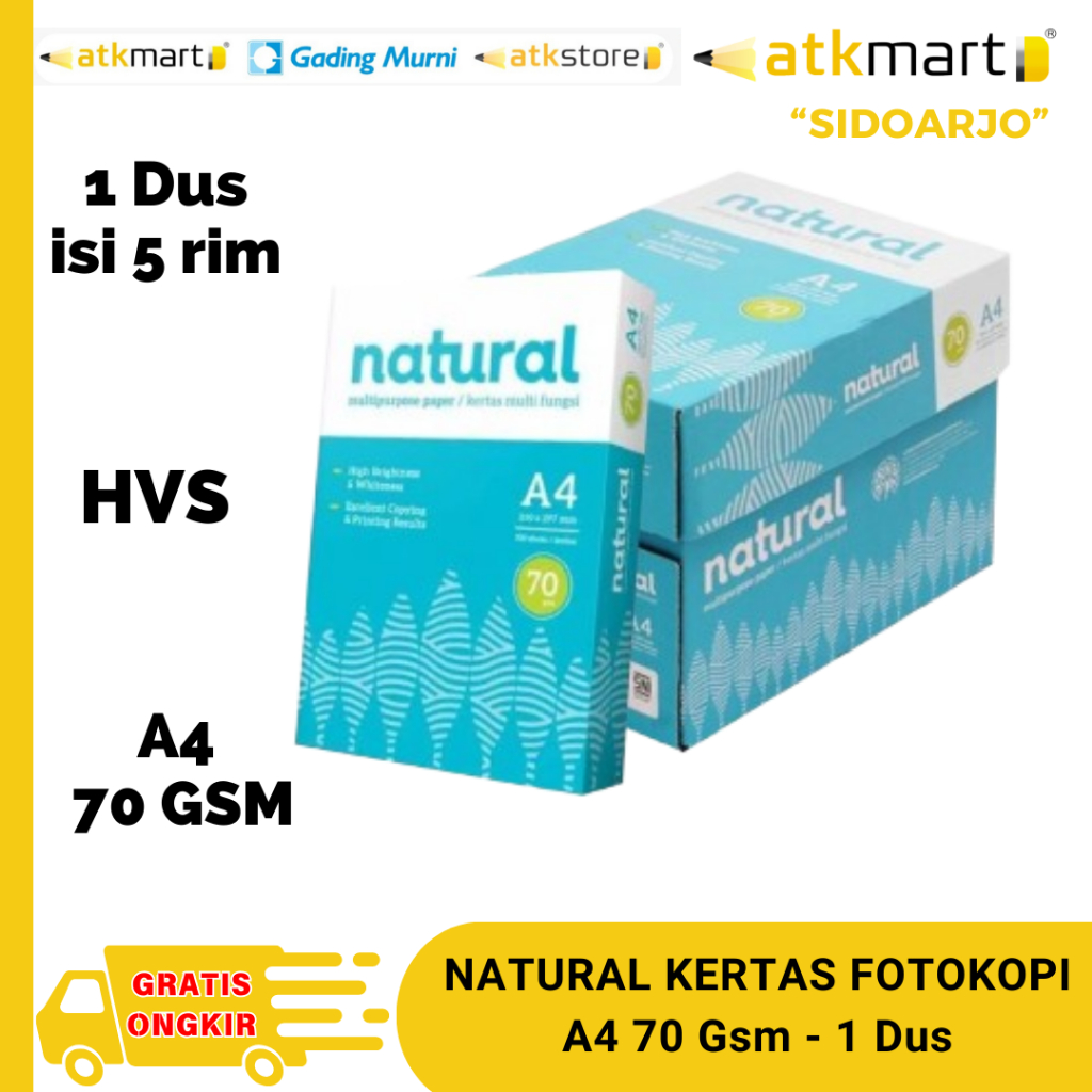 

(Bisa instant) Natural Kertas HVS A4 70 GSM ISI 5 RIM / Kertas Print - 1 Dus