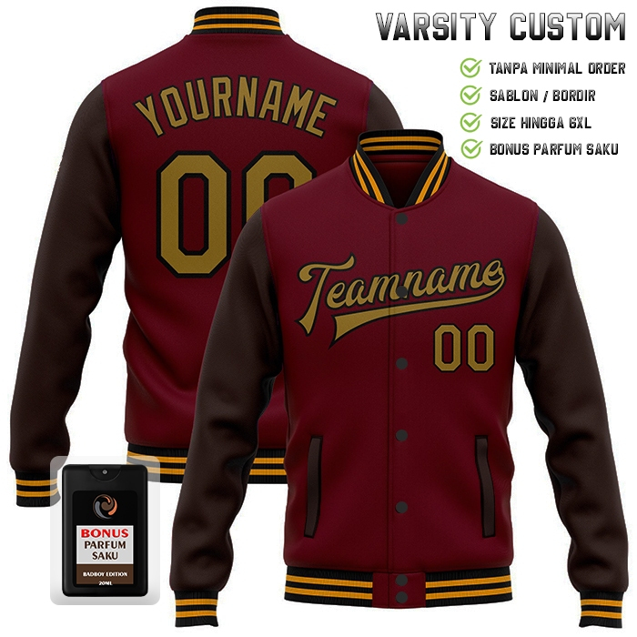 Jaket Varsity Pria Oversize M - 6XL Jaket Bomber Kombinasi Merah Maron Coklat Custom Bordir Satuan S