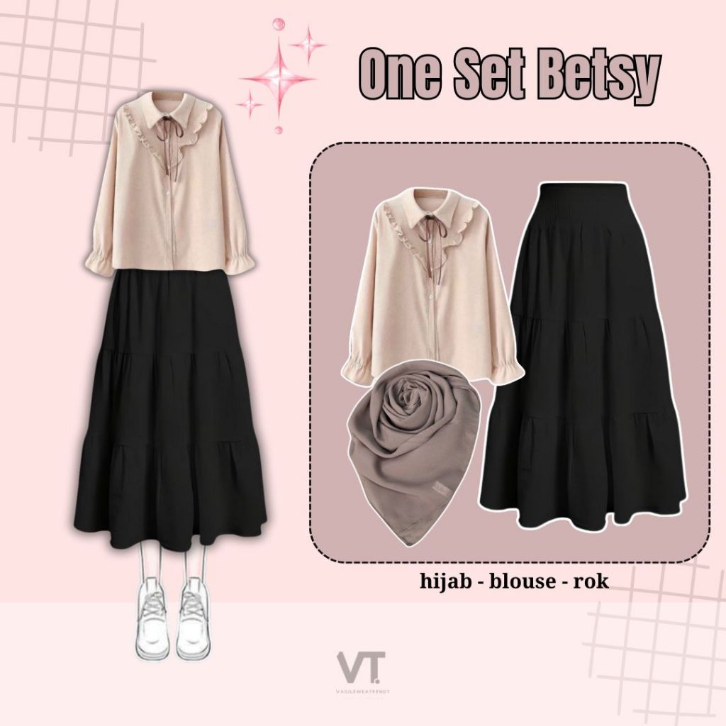 One Set Betsi (Hijab, Blouse, Rok) Setelan Korea Syle