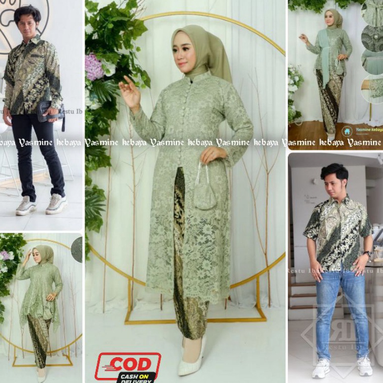 KODE F64X Setelan Baju Couple Kebaya Tunik Brukat Busui Set Kemeja Batik Pria Motif CM Sage  Couple 