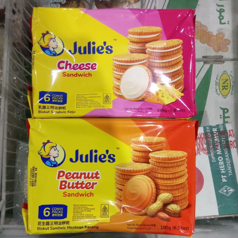 

Julie's Biskuit Sandwich dengan krim keju, sandwich dengan rasa kacang berat bersih 180gr