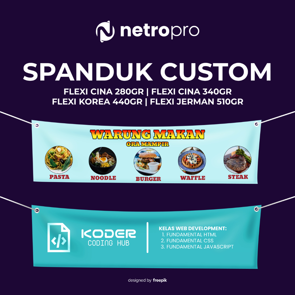 Spanduk Custom Bahan Flexi – Flexi Cina 280gr, 340gr, Flexi Korea 440gr, Flexi Jerman 510gr – Minimu