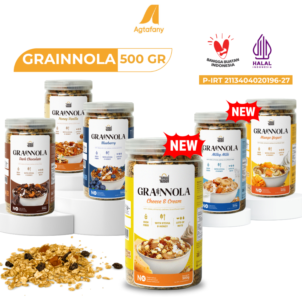 

Grainnola Jar 500 gr Granola Premium Timur Tengah | Dark Chocolate Coklat Blueberry Vanilla Honey Mango Yogurt Cheese and Cream Milky Milk Camilan Sehat Sereal Oatmeal Makanan Kaya Serat