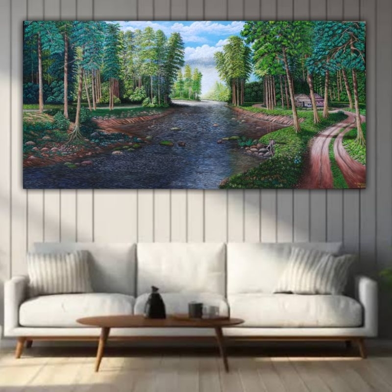 Lukisan Pemandangan Alam Pedesaan Handmade dengan Nuansa Sungai Mengalir dan Pohon Hijau Subur