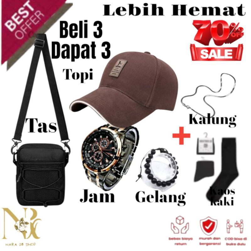 PAKET HEMAT 3 GET 3.TAS SELEMPANG PRIA SLING BAG TOPI DISTRO/BASEBALL CAP JAM TANGAN TALI RANTAI FRE