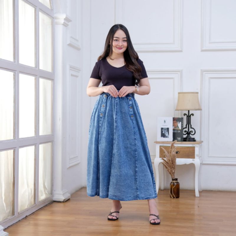 Rok jeans denim dewasa, Rok jeans payung, Rok jeans panjang wanita