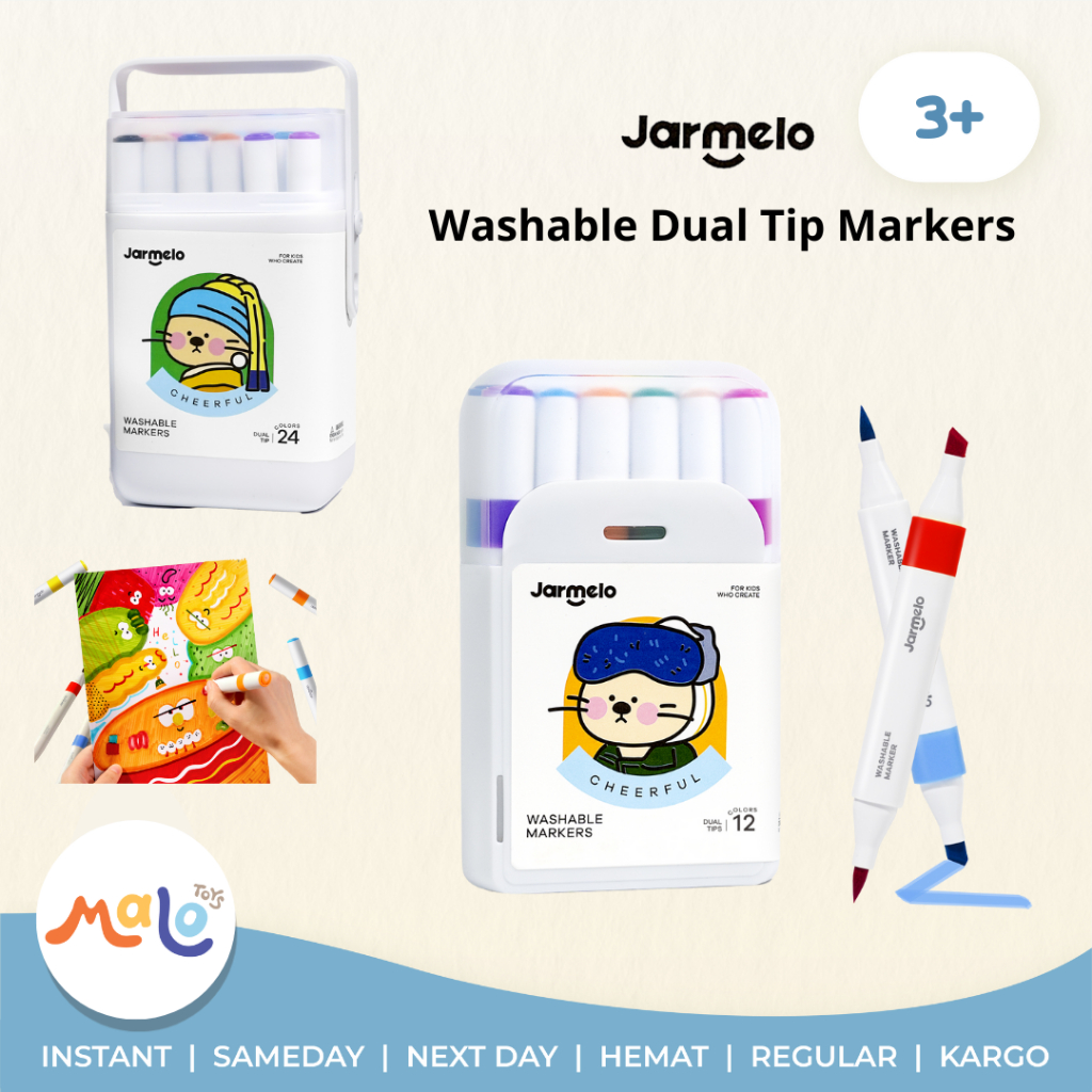 

MALOTOYS - JARMELO Washable Dual Tip Markers 12 24 Colors (Chisel and Brush Tip) Nontoxic Marker Colours Mainan Aktivitas Mewarnai Anak Malo Toys