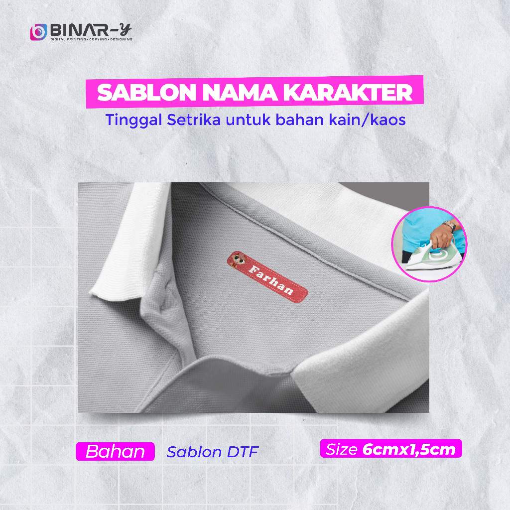 

(MURAH) Sticker Nama Label Printing Kain / Kaos Sablon Setrika Custom Nama & Karakter Bahan DTF