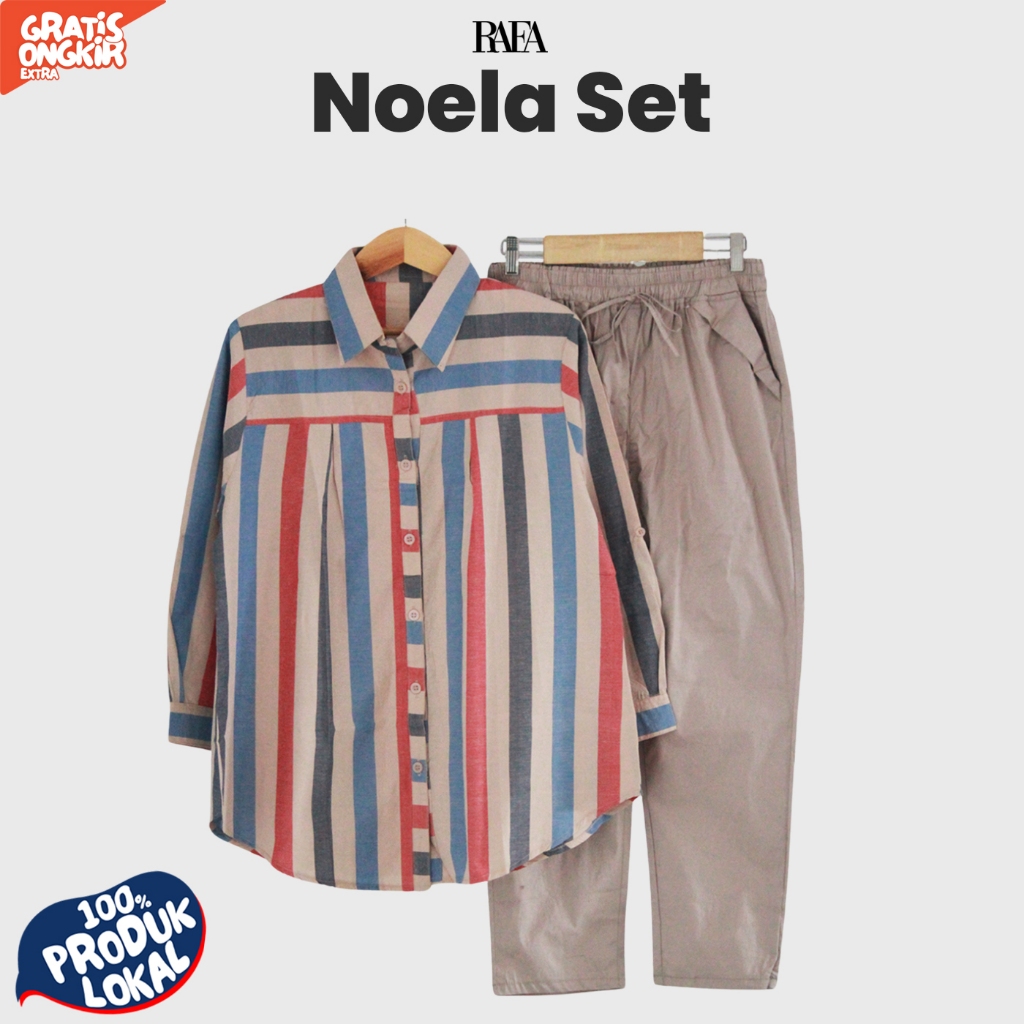 Setelan Kemeja Wanita Noela Set Motif Garis Ukuran Standart dan Jumbo LD 120 cm By Qfa Q-fa