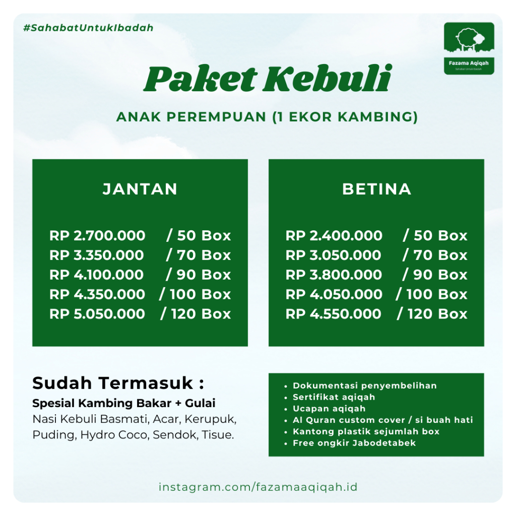 

Paket Kebuli - Anak Perempuan (1 Ekor Kambing)