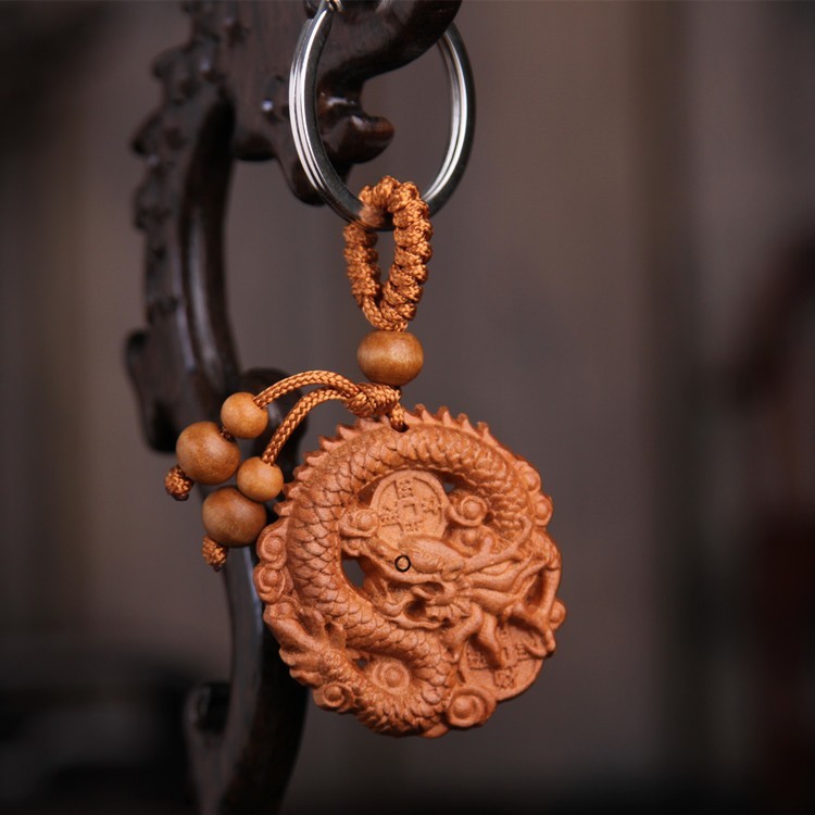 Gantungan Kunci Naga Bulat Bahan Kayu Mahogani Ukir Tangan - Natural Wood Dragon Keychain Very Good 