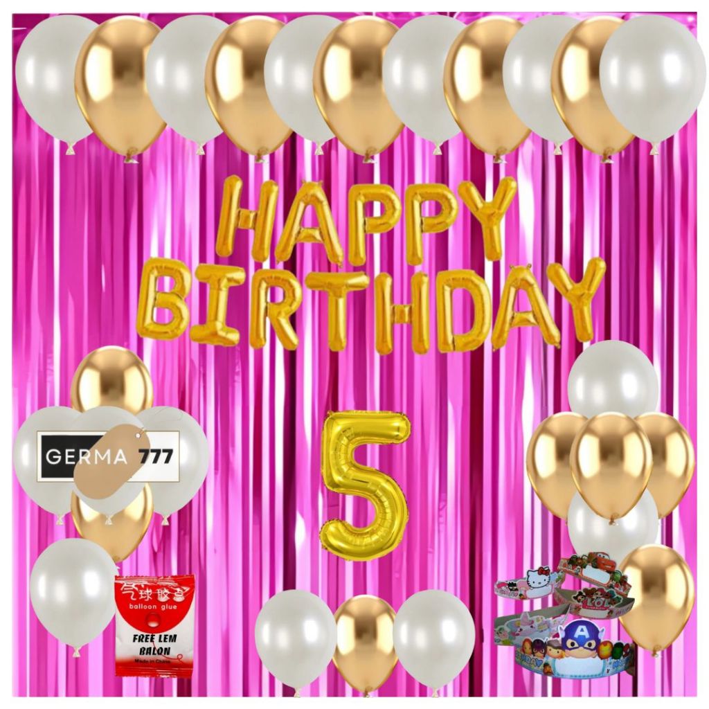 Set Pesta Dekorasi Pesta Ulang Tahun Anak Banner Happy Birthday Foil Gold Balon Warna Gold Putih