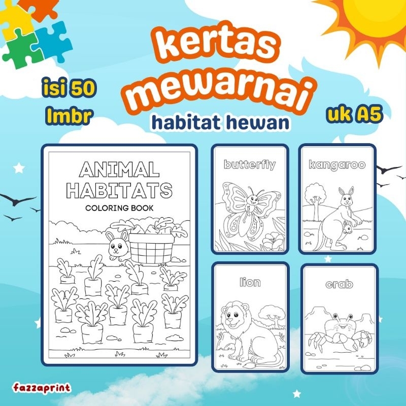 KERTAS GAMBAR MEWARNAI TEMA ANIMAL ISI 50 LEMBAR / KERTAS MEWARNAI ANAK PAUD TK SD / LEMBAR BUKU MEW