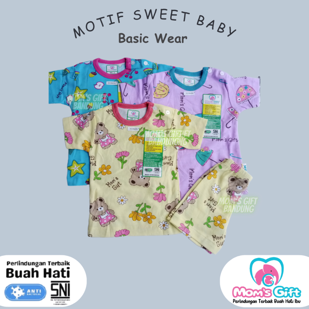 Stelan Moms Gift Motif Sweet Baby - (3 PCS) Stelan PD Lengan Pendek Celana Pendek SNI- Mom's Gift/Mo