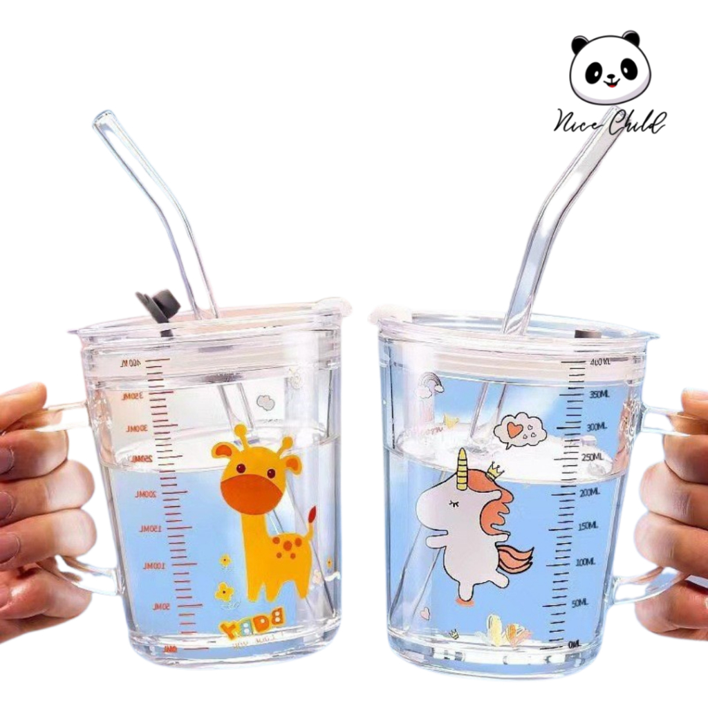 NICE CHILD Gelas Mug Bening Karakter Hewan lucu Free Sedotan E421