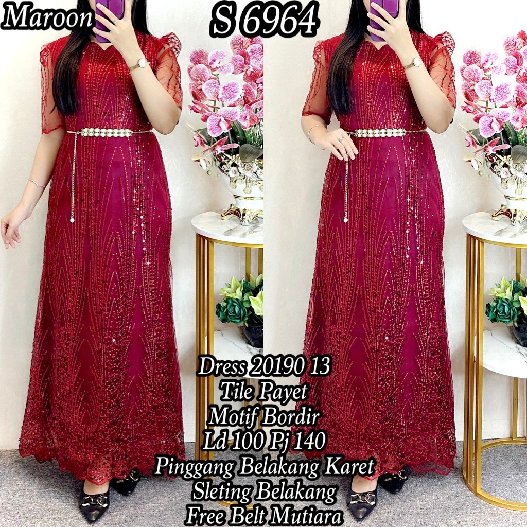 6964 Longdress Tile Full Payet Gaun Pesta Wanita Free Belt Mutiara 20190 13