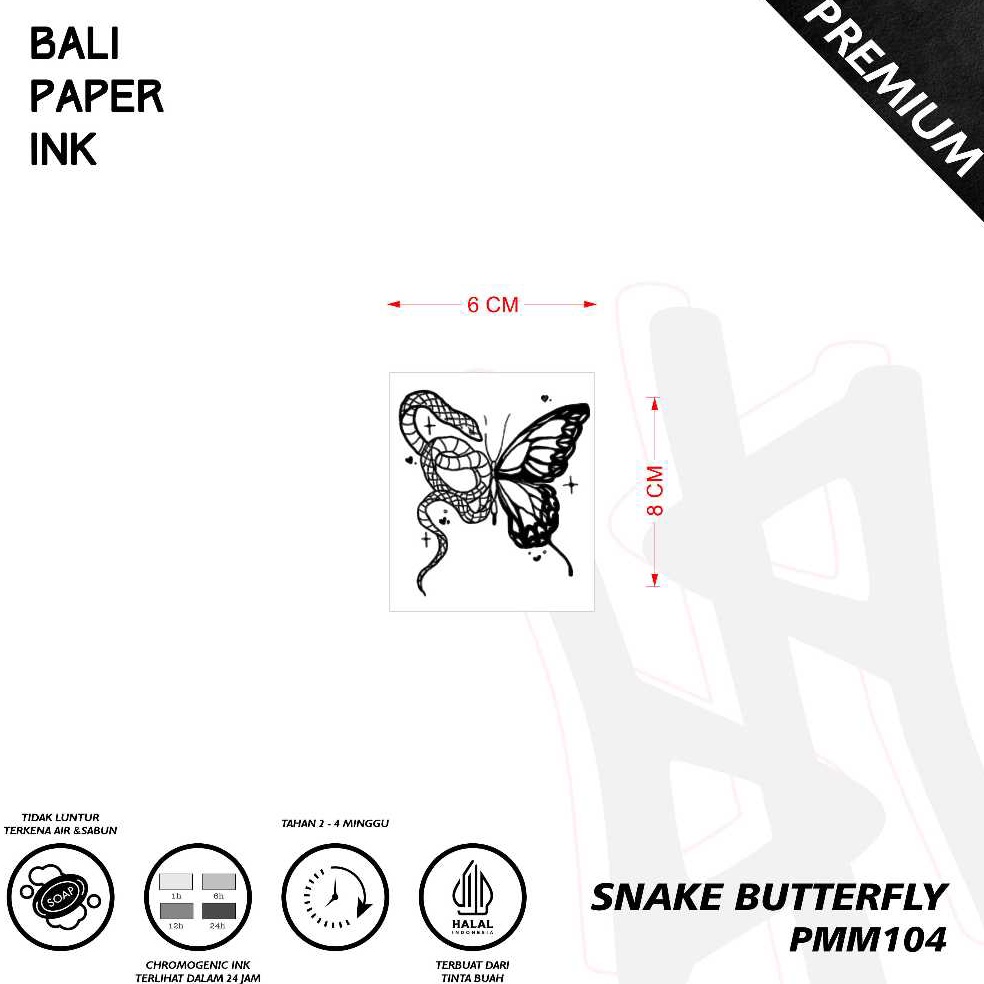 KODE G88J Tato SNAKE BUTTERFLY PMM14  Premium Temporary Tattoo  By Bali Paper Ink