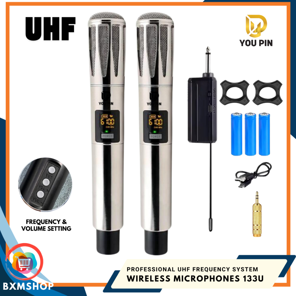 YOU PIN Metal Microphone Dynamic Rechargeable Microphone Stable UHF with Receiver for Karaoke