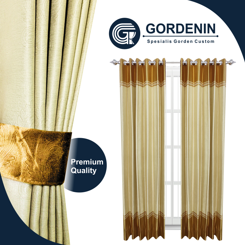 Gorden Blackout Jendela Warna Gold Motif Mewah Smokring Silver 12 Lubang 6 Gelombang