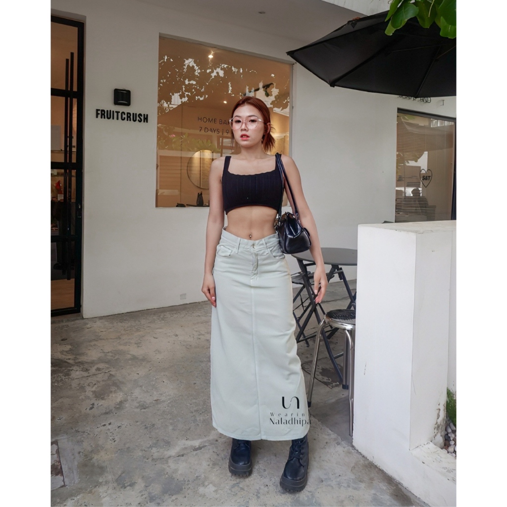 Naladhipa - Nara Skirt Sage Jeans | Highwaist Rok Jeans Wanita | Rok Jeans Wanita Panjang | Maxi Den