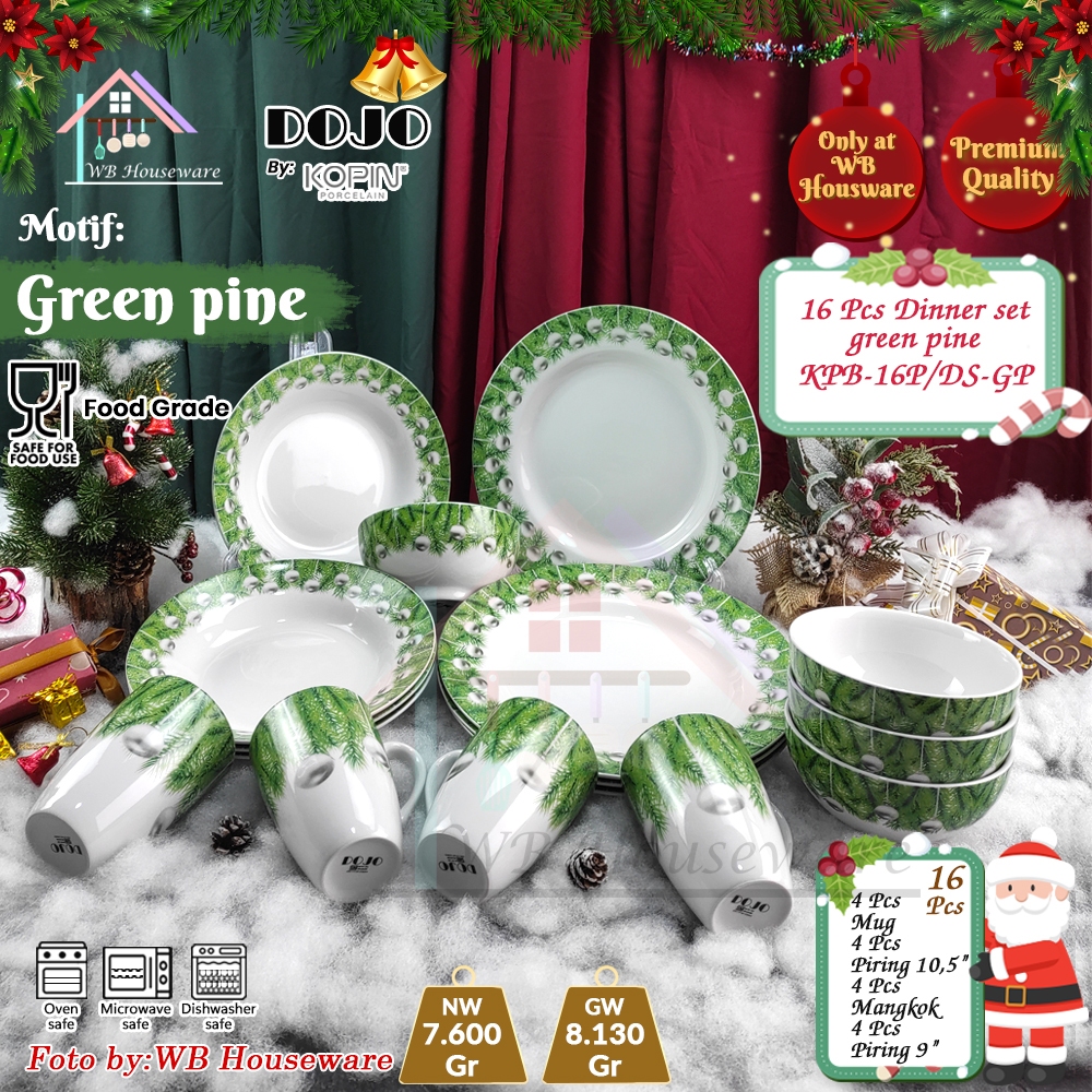 KOPIN 16pcs porcelain dinner set piring gelas mangkok motif green pine special natal christmas / pak