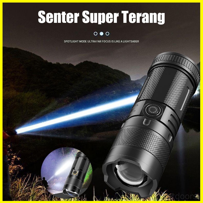 Senter Terang Jarak Jauh Zoom Senter Multifungsi Luar Ruangan Senter Baterai Tahan Lama Waterproof