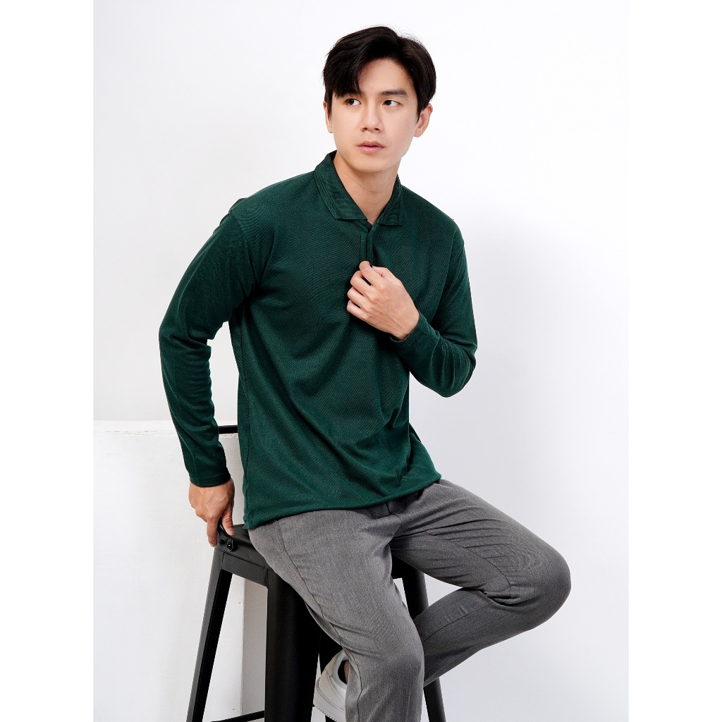 polo panjang hijau army / kaos keran panjang hijau army / polo hijau army / hijau tua / hijau botol 