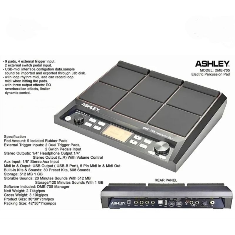 ASHLEY DME 705 drum pad/kendang elektrik full sampling
