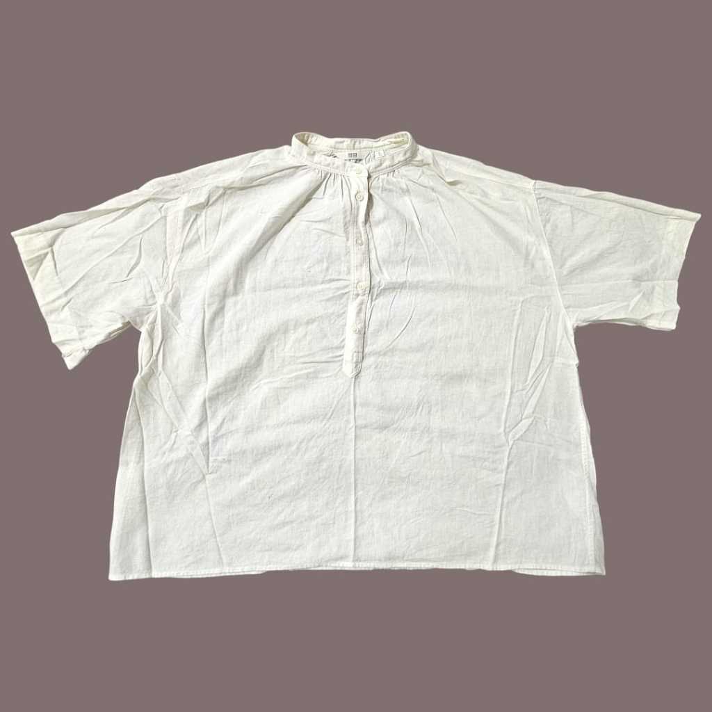 OMH Baju Kemeja Tanpa Kerah UNIQLO Size XL Warna Putih