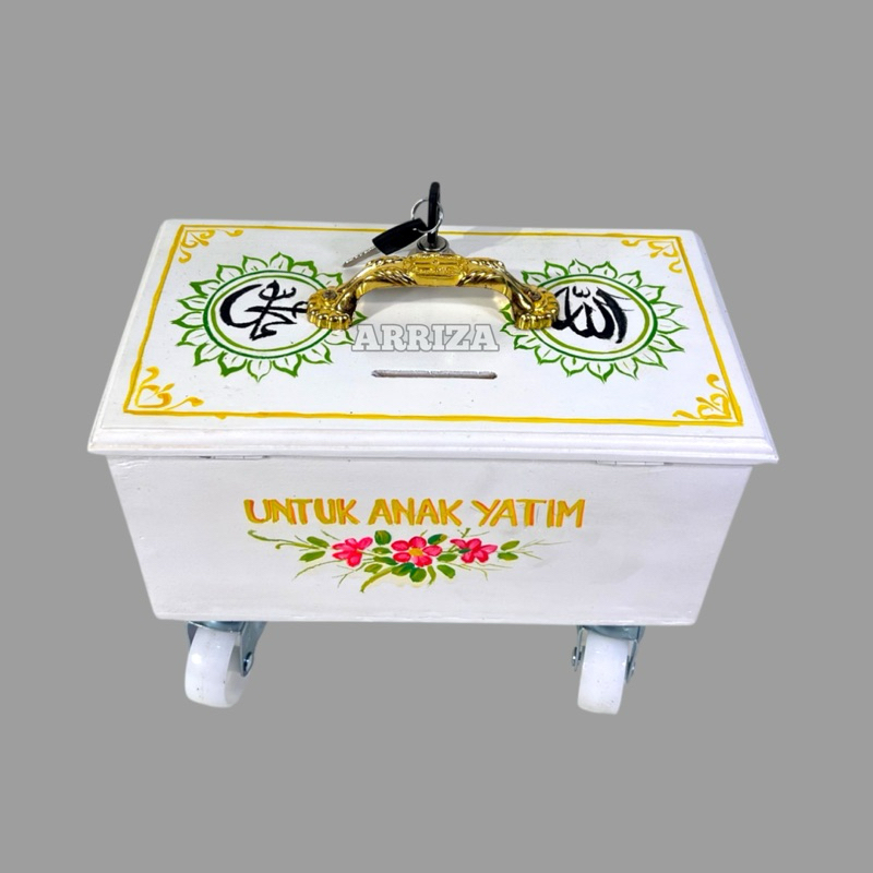 Kotak Amal + Roda / Kotak Amal Warna Putih Shabby Dari Kayu Jati / Kotak Infaq + Roda / Celengan / K