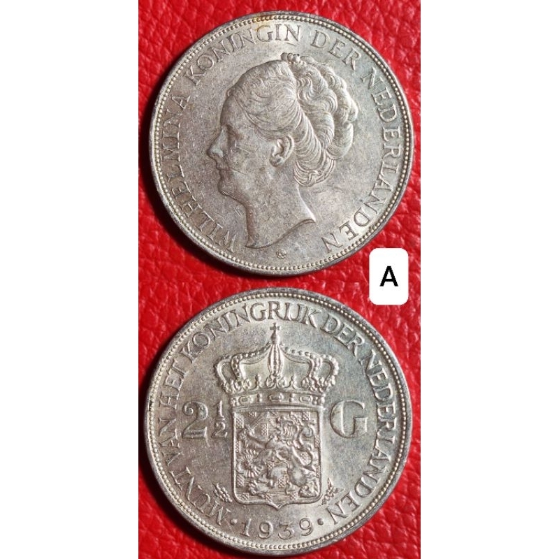 2.5 Gulden 1939 2.5 Gulden Wilhelmina 1939 2 1/2 Gulden 1939 2 1/2 Gulden Wilhelmina 1939 Koin Perak