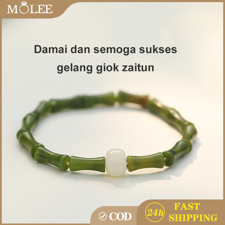 【1.1 Promo】MOLEE Gelang Giok Bambu Sehat Wanita Bambu Gelang Sehat Giok Hetian Hijau Asli Membawa Ke