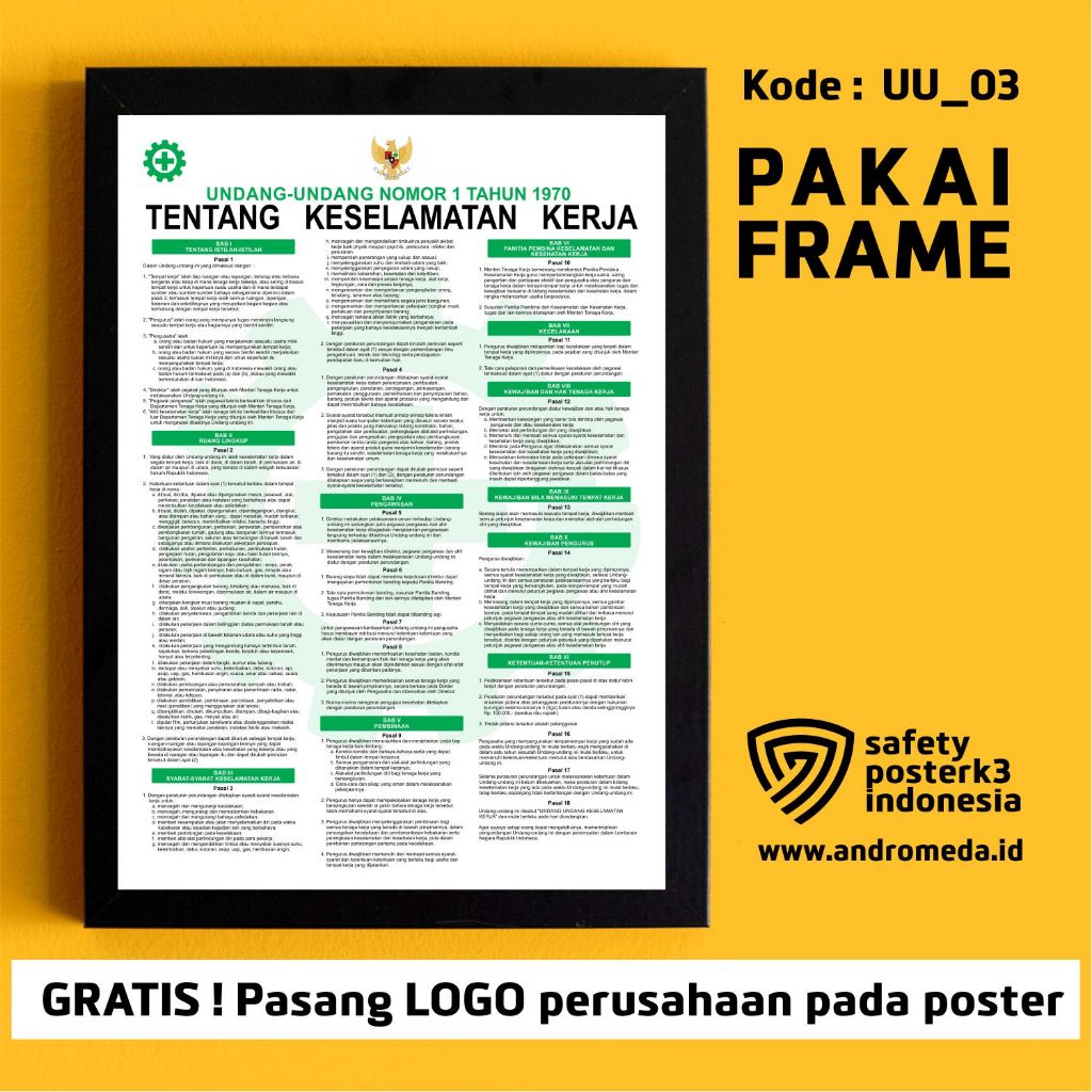 Safety Poster K3 UU No 1 Tahun 1970 Tentang Keselamatan Kerja_Hijau + Frame