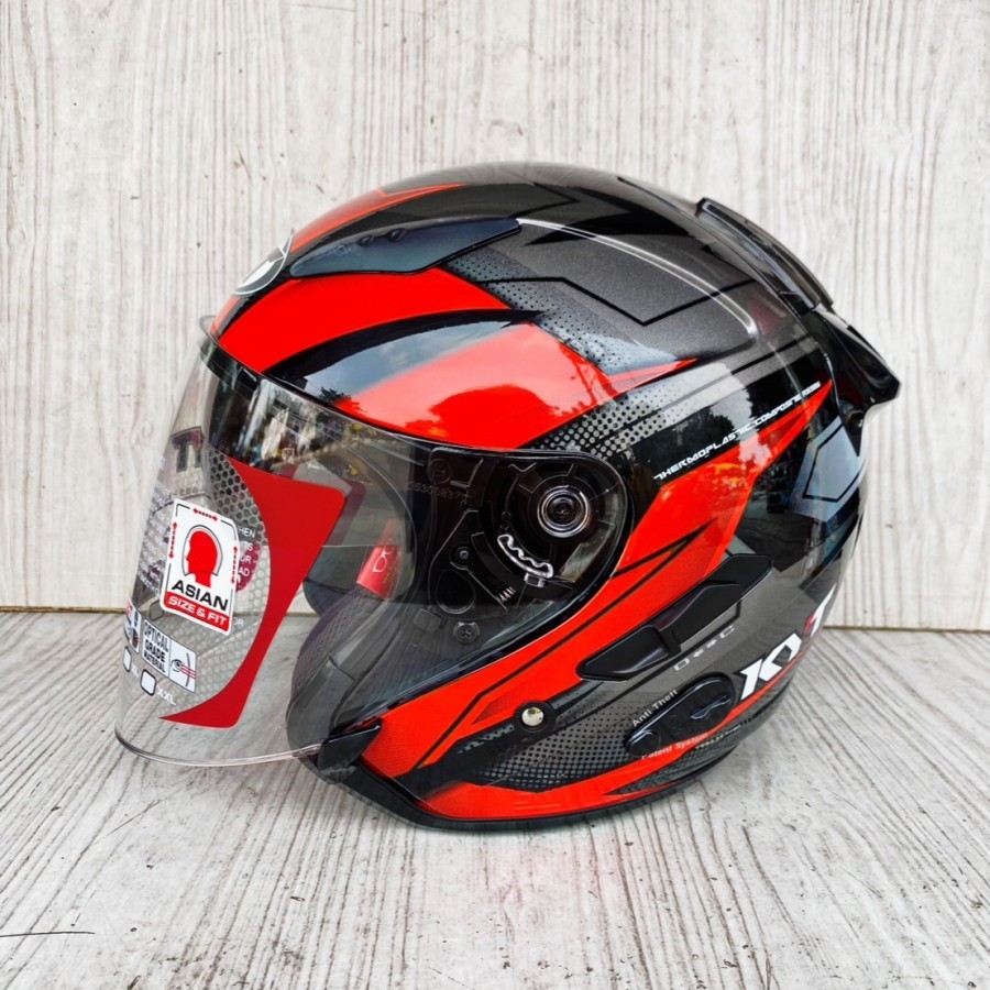 HELM HALF FACE KYT GALAXY FLAT R ASYMMETRIC BLACK RED DOUBLE VISOR MERAH HITAM ORIGINAL