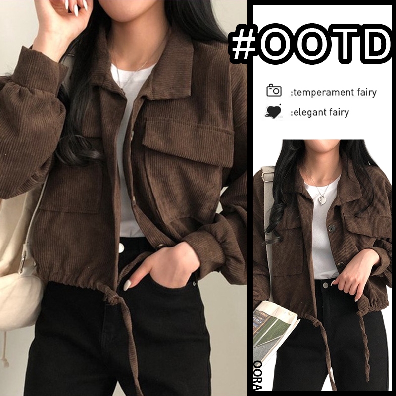 OORA Jaket Corduroy Pendek Wanita Warna Solid Atasan Korea Style Terbaru Jaket Coklat Corduroy Outer