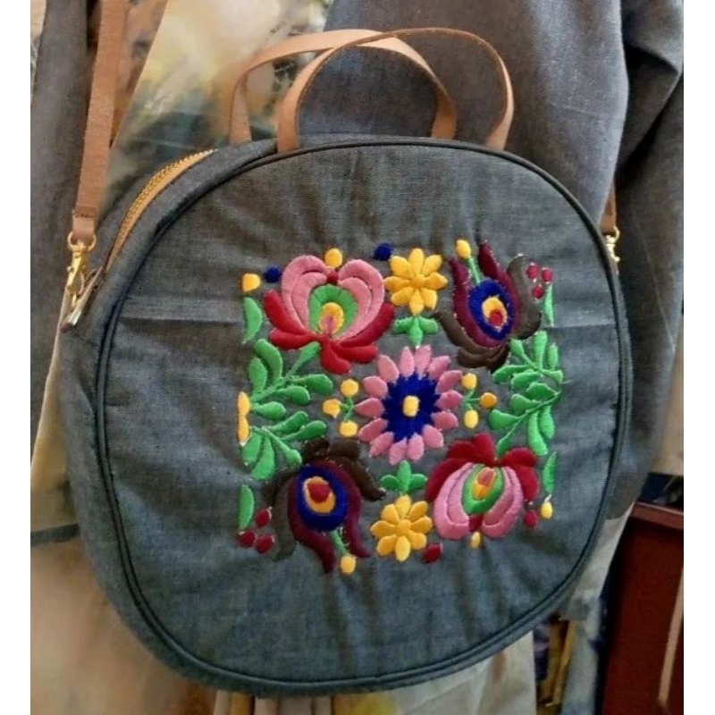 tas wanita selempang bordir denim bulat
