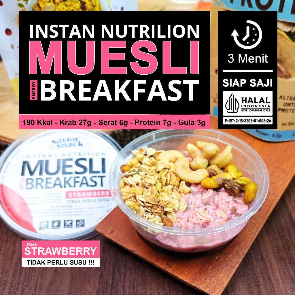 

Muesli Strawberry - Overnight Oats Oatmeal untuk menu Sarapan Praktis 3 Menit Siap Saji Savior Snack