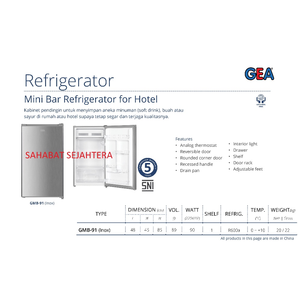 GEA Mini Bar Refrigerator GMB-91 Matt Grey Kulkas 1 Pintu