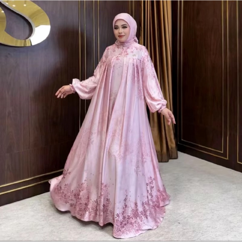 SS gamis printing monogramSS + hijab waran pink