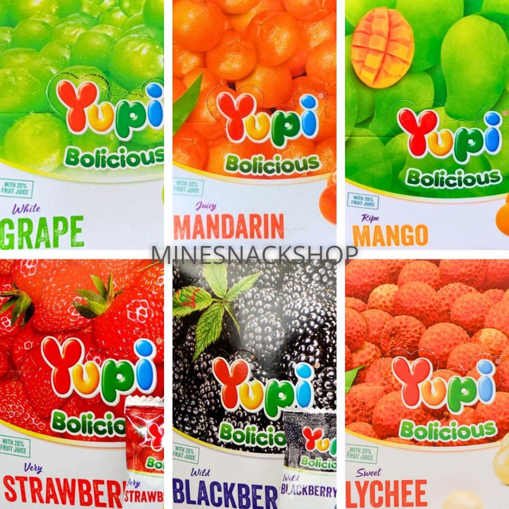 

Yupi Bolicious (1Box isi 24 PCS) Rasa Anggur/Jeruk Mandarin/Mangga/Strawberry/Blackberry/Leci