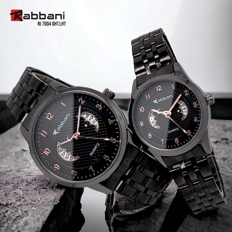 KODE L75J Rabbani Jam Tangan Rante Couple Hitam Original Ada Tanggal Anti Air