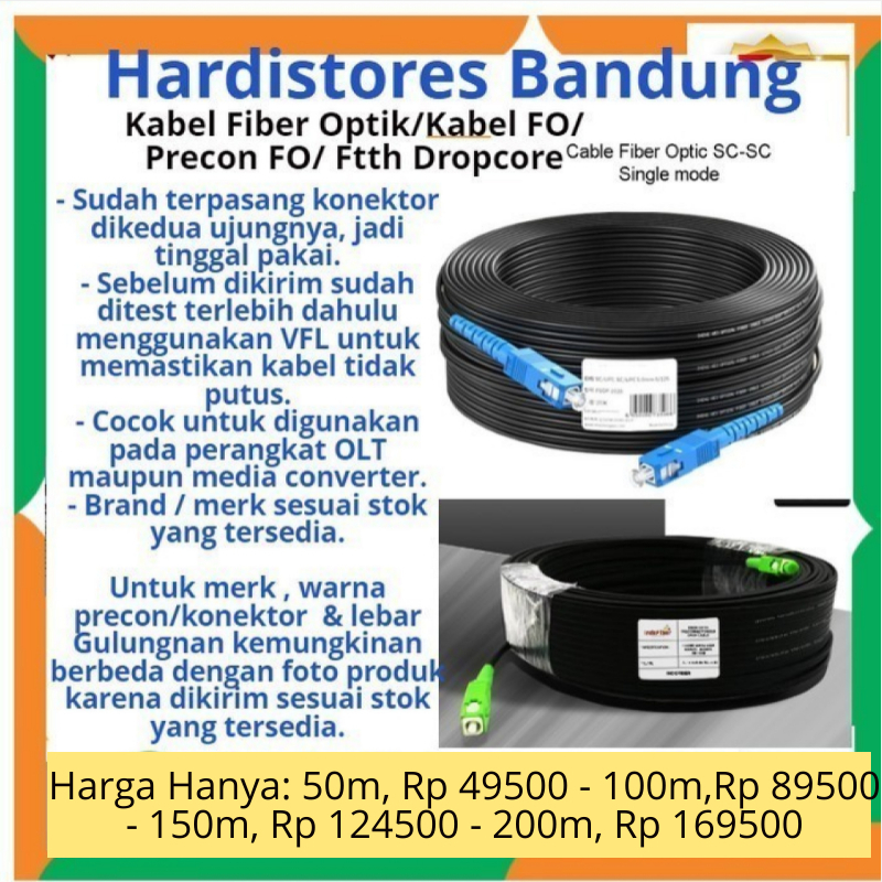 Dropcore Fiber Optik FTTH Kabel FO Precon 50m 60m 75m 80m Siap pakai Bergaransi