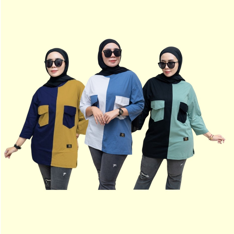 KOAS OVERSIZE ATASAN WANITA KOMBINASI SAKU - KAOS KOMBINASI WANITA 2 WARNA - KAOS OVERSIZE WANTA MOD
