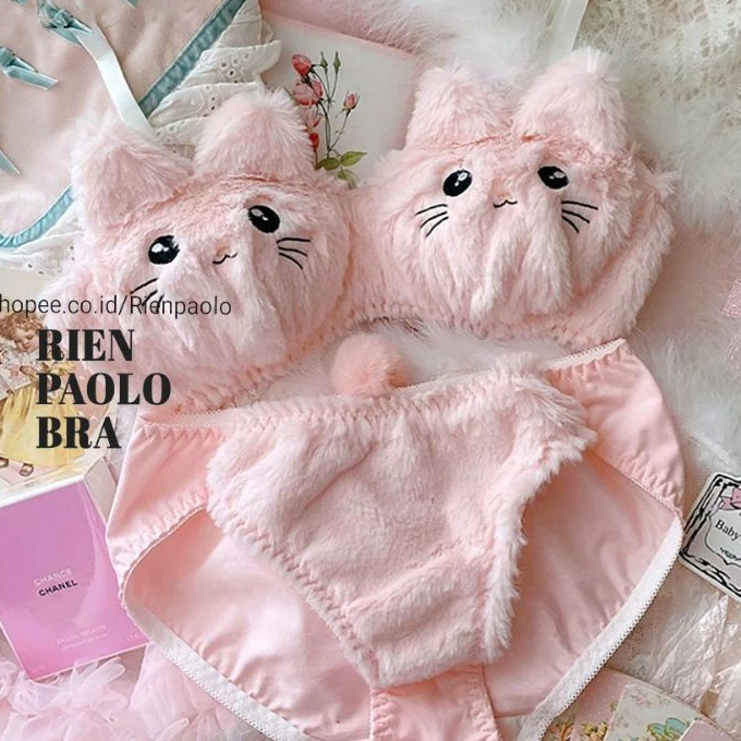 HJ6 Premium Bra BH  Celana Dalam CD Tanpa Kawat Set  Sexy Hot Cosplay Bulu Motif Hewan  Kucing  Pand