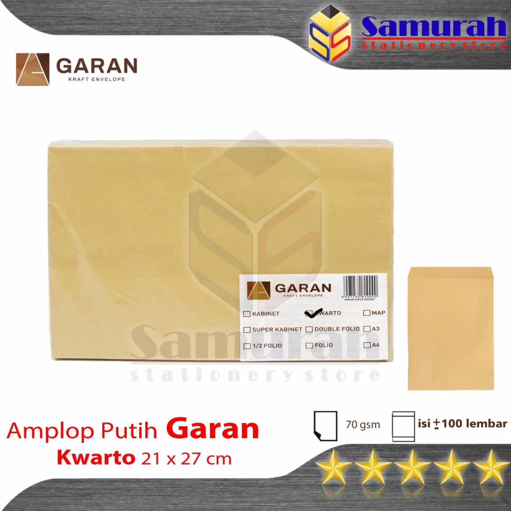 

Amplop Kertas Coklat GARAN Ukuran Kwarto 21 x 27 cm / Amplop Dokumen Quarto 1 pak isi 100 Uk 21x27