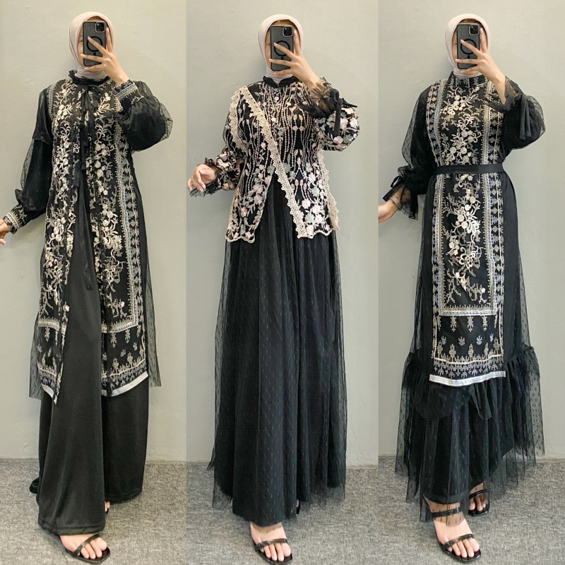 Dress / Gamis kondangan Bahan Brukat Tile Bunga Bordir Gamis hitam Kasual Kondangan Wisuda Kekinian 