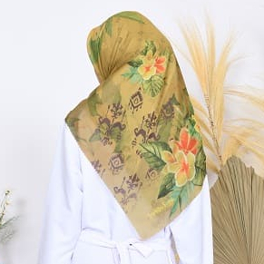 Gamita Scarf Hijab Kerudung Voal Segi Empat Motif Bali Gold Emas Kuning Kunyit Desain Indonesia