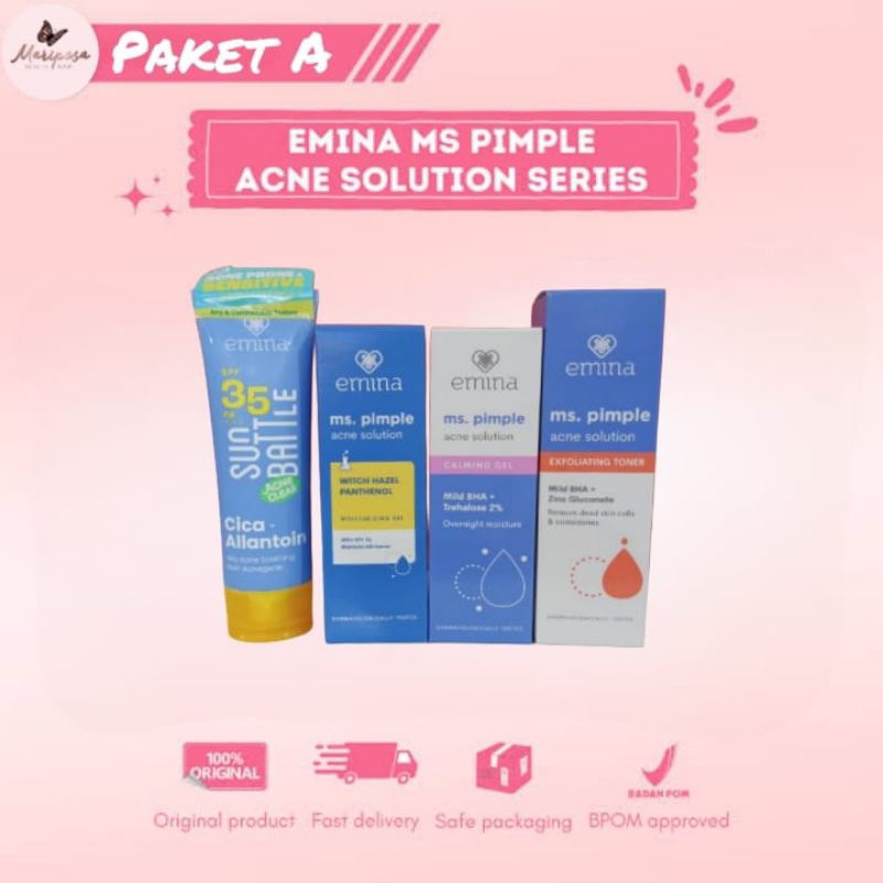 Paket Hemat EMINA Ms Pimple Acne Solution Series + Acne Clear Sunscreen / Paket hemat skincare jeraw